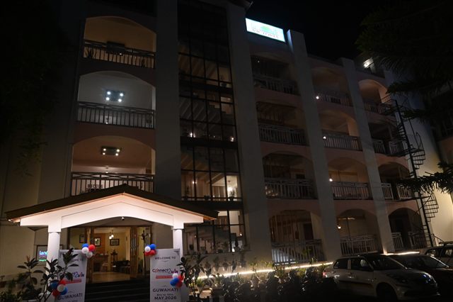 Hotel venue exterior illuminated at night